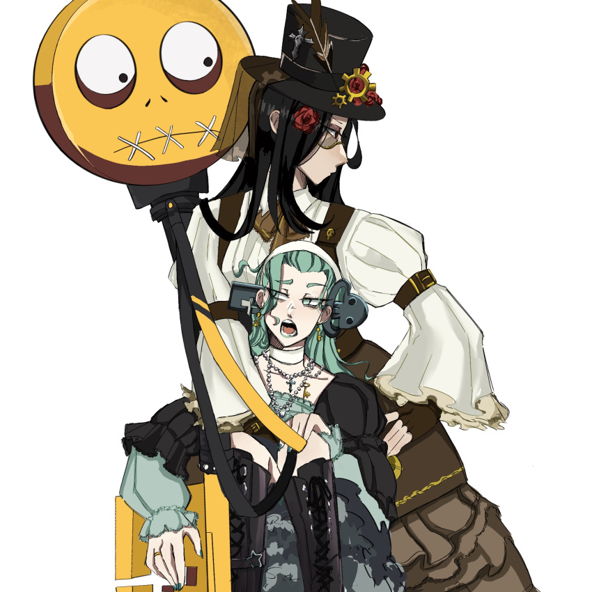 1girl 1other a.b.a alternate_costume black_hair fingerless_gloves gloves green_eyes green_hair guilty_gear guilty_gear_strive hat headband highres jewelry key key_in_head long_hair object_through_head paracelsus_(guilty_gear) red_eyes snailedwistrea stitched_mouth stitches sunglasses testament_(guilty_gear) top_hat white_headband