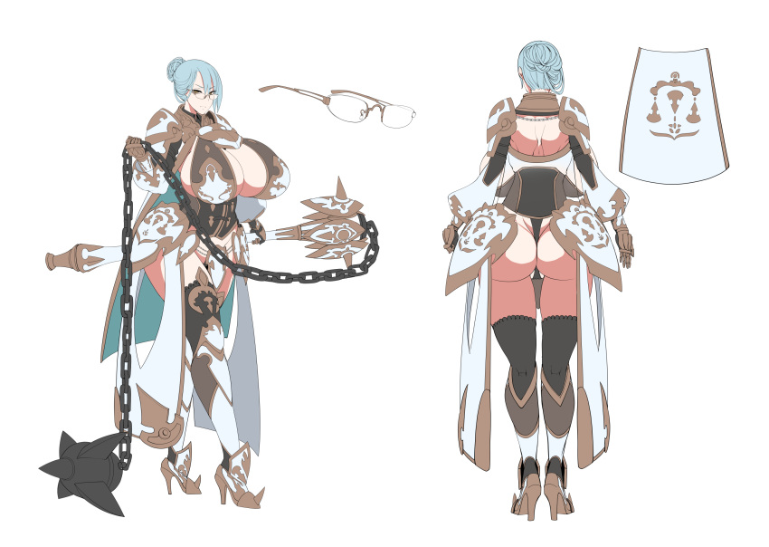 1girl aqua_hair armor armored_boots ass backless_outfit boots breasts chain cleavage commentary_request glasses gorget greaves hair_bun high_heels highres huge_breasts katisha_(kyonyuu_fantasy_burst) kyonyuu_fantasy kyonyuu_fantasy_burst mace partially_visible_vulva pelvic_curtain reference_sheet remu_(kirieroido) shoulder_armor shoulder_blades simple_background spiked_mace spikes thighhighs thong weapon