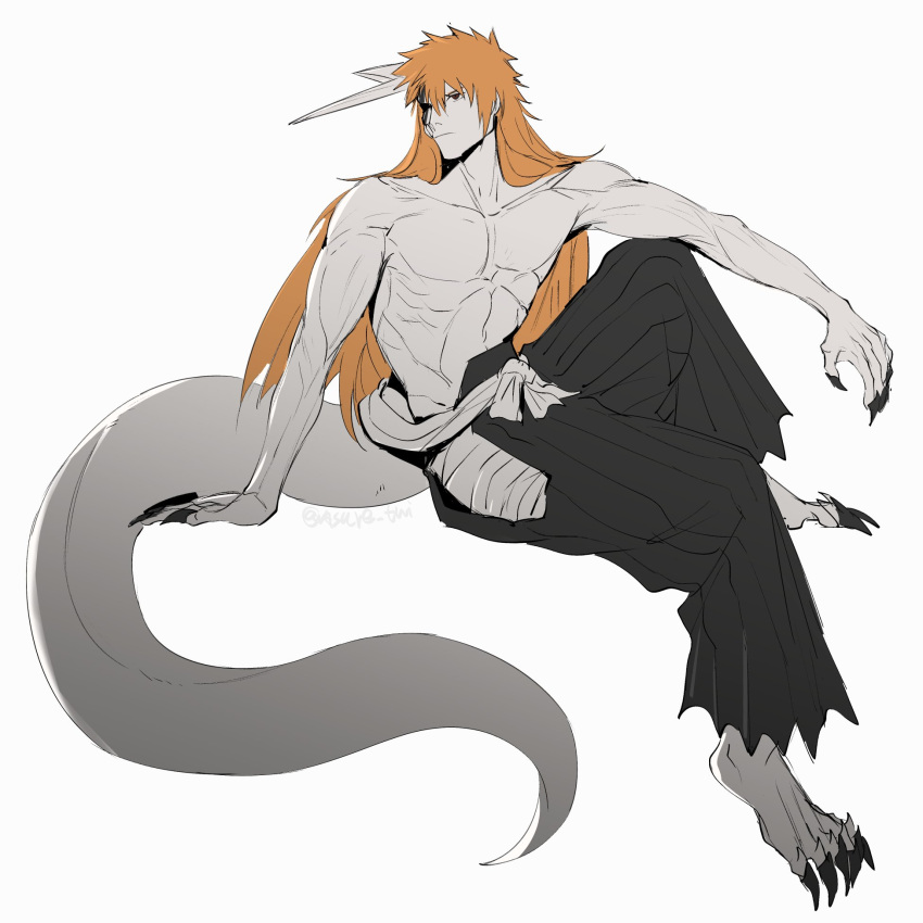 1boy abs alternate_form arm_on_knee asure_(asure_twi) barefoot black_hakama bleach broken_mask brown_eyes clawed_feet claws closed_mouth collarbone colored_skin full_body hair_between_eyes hakama highres horns japanese_clothes kurosaki_ichigo long_hair looking_to_the_side mask muscular muscular_male obi orange_hair sash single_horn sitting tail topless_male white_background white_skin