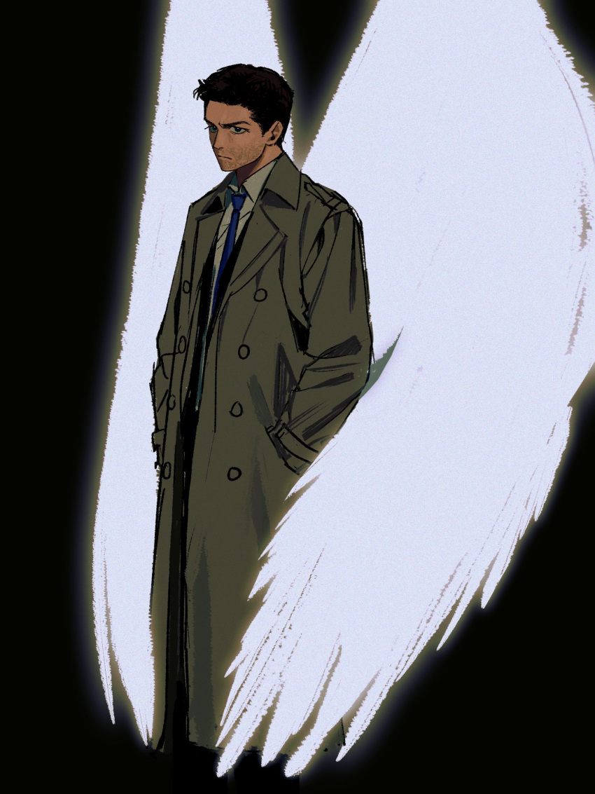 1boy angel beard_stubble black_background black_hair castiel coat dailysarndean facial_hair feathered_wings feet_out_of_frame glowing glowing_wings hands_in_pockets highres male_focus mature_male short_hair simple_background solo stubble supernatural_(tv_series) trench_coat wings