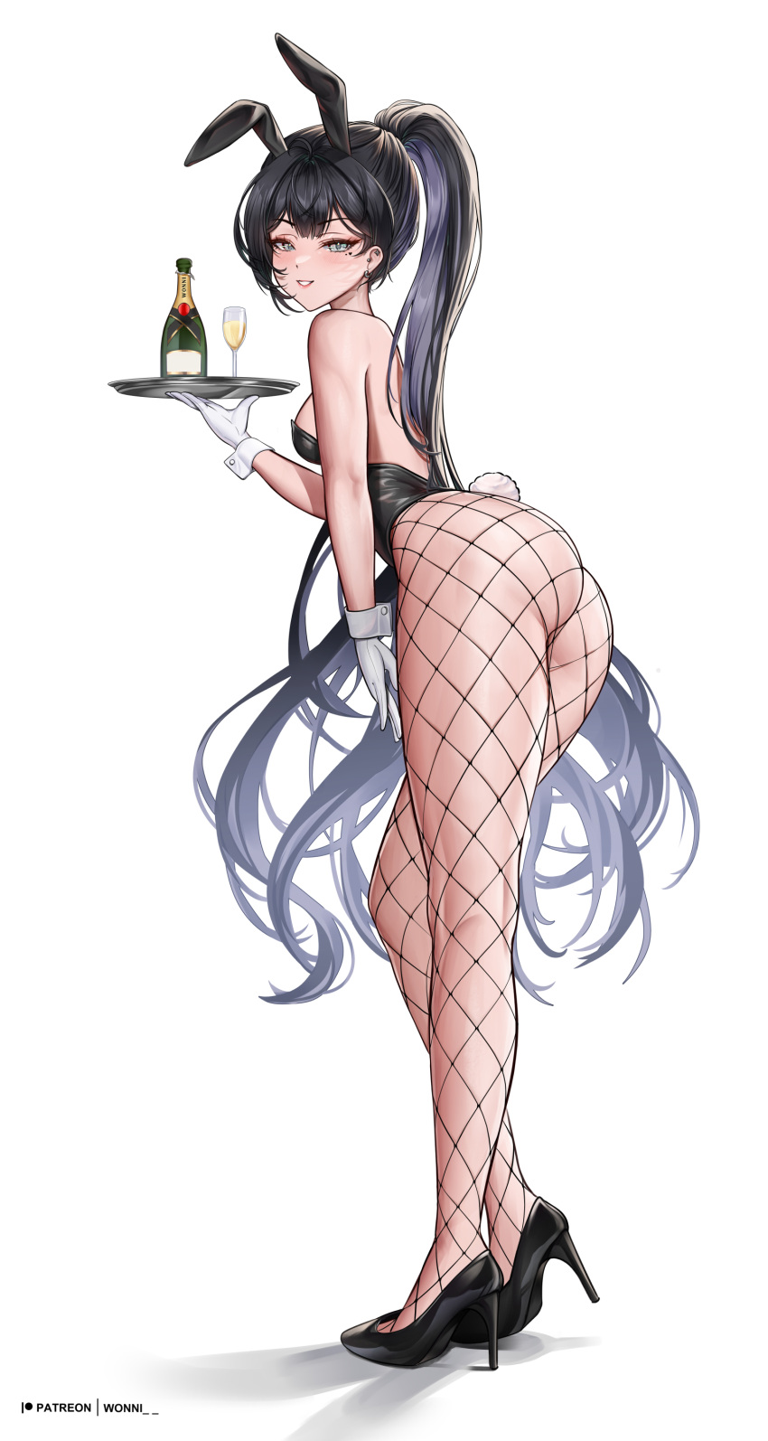 1girl absurdres alcohol animal_ears ass bare_back bare_shoulders black_hair black_leotard breasts champagne champagne_bottle champagne_flute cup drinking_glass ear_piercing facial_mark facing_away fake_animal_ears fishnet_pantyhose fishnets full_body gloves grey_eyes heart heart_facial_mark high_heels highres holding holding_tray huge_ass leotard long_hair looking_at_viewer medium_breasts mole mole_under_eye nabi_(wonnikon) original pantyhose parted_lips piercing playboy_bunny rabbit_ears sideboob simple_background smile solo strapless strapless_leotard tray very_long_hair white_background white_gloves wonnikon wrist_cuffs