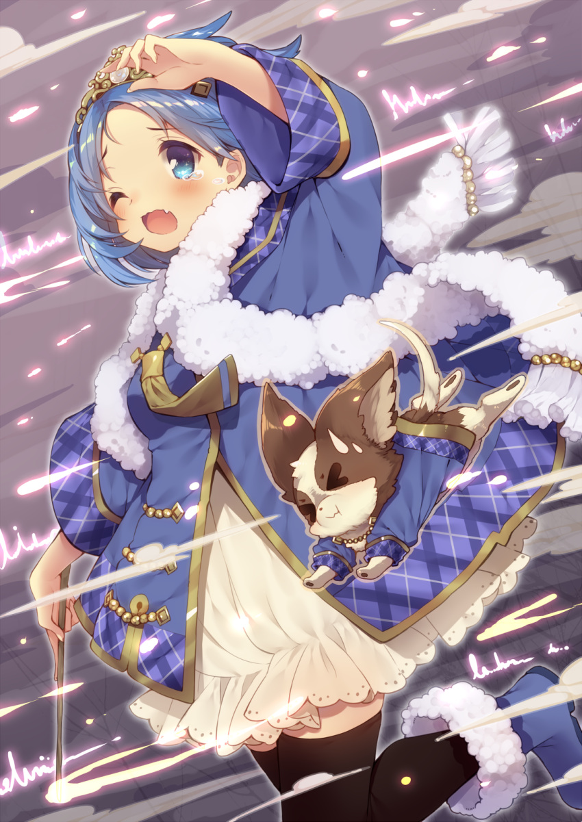 1girl black_thighhighs blue_coat blue_eyes blue_footwear blue_hair blue_sleeves boots bubble_skirt character_name cloud coat commentary_request copyright_request cowboy_shot crying crying_with_eyes_open dog dress fang frilled_dress frills fringe_trim fur-trimmed_boots fur_scarf fur_trim gold_tiara gold_trim hand_on_own_head highres holding holding_wand leg_up light_blush long_sleeves looking_ahead magic one_eye_closed open_mouth plaid_trim purple_background scarf short_dress short_hair skin_fang skirt smile solo teardrop tears thighhighs tiara usamata wand white_dress white_scarf