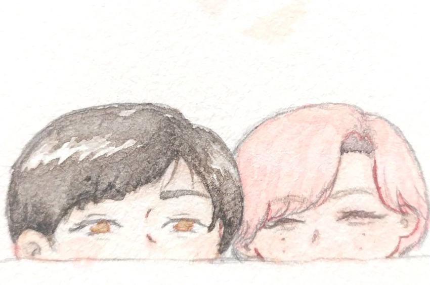 2boys 9sssss brown_eyes brown_hair half-closed_eyes head_only highres light_blush male_focus mole mole_under_each_eye mole_under_eye mukai_kouji multiple_boys multiple_moles painting_(medium) parted_bangs pink_eyes pink_hair real_life sakuma_daisuke short_hair snow_man_(jpop) traditional_media watercolor_(medium)