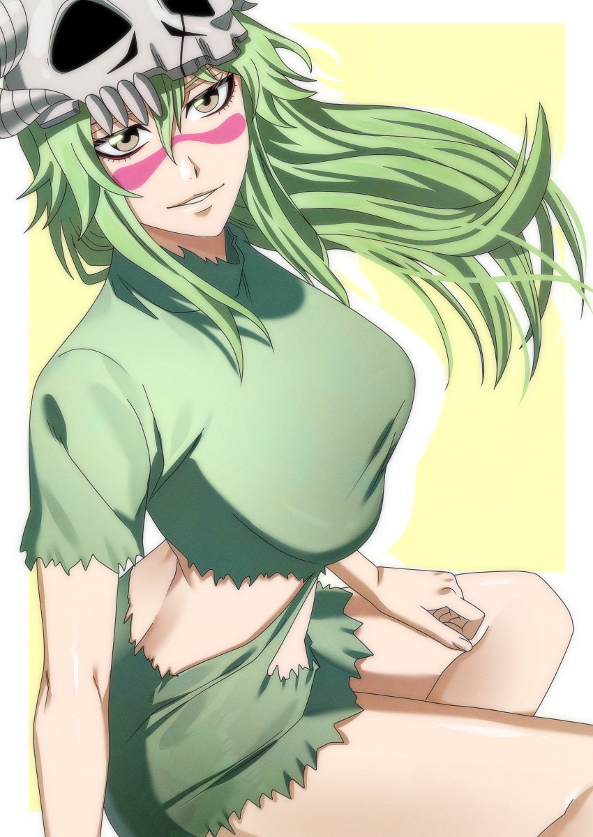 1girl absurdres arm_at_side bleach border breasts brown_eyes commentary_request curvy eyelashes facial_mark feet_out_of_frame floating_hair green_hair green_shirt green_skirt hair_between_eyes hand_on_own_thigh highres korean_commentary large_breasts long_hair looking_at_viewer mask mask_on_head miniskirt n_(nauki_11) nelliel_tu_odelschwanck parted_lips shirt short_sleeves sidelocks simple_background sitting skirt skull_mask smile solo torn_clothes torn_skirt tsurime white_border yellow_background yokozuwari