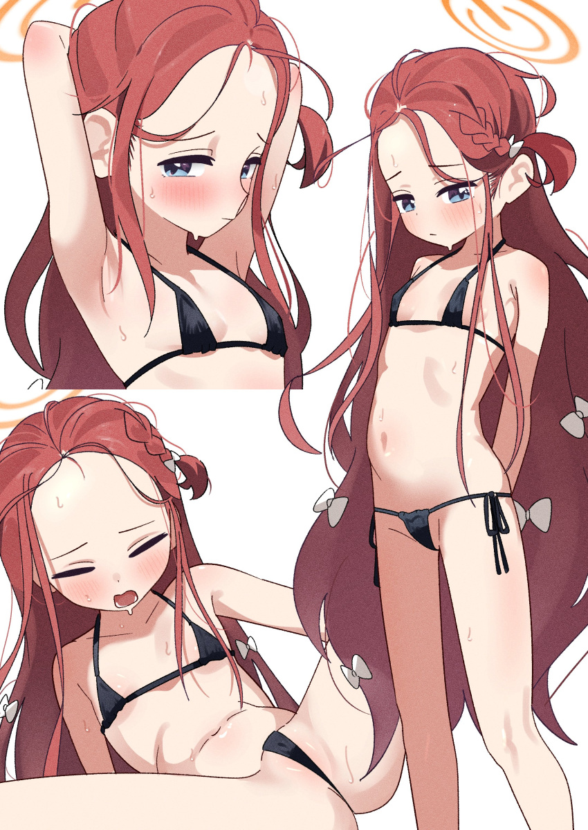 1girl absurdres armpits ass bikini blue_archive blue_eyes breasts flat_chest forehead halo highres long_hair micro_bikini multiple_views navel partially_visible_vulva red_hair simple_background small_breasts spread_legs swimsuit white_background yonketa yuzu_(blue_archive)