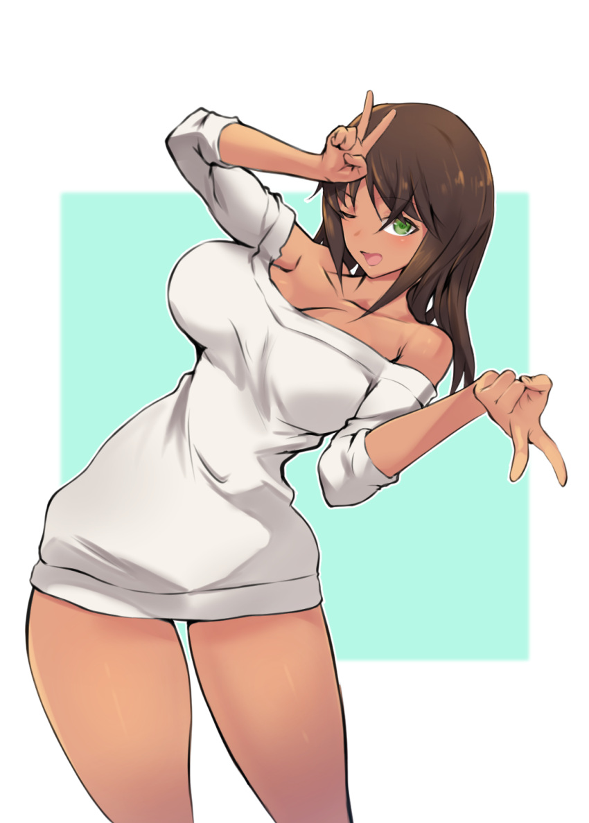 1girl alice_gear_aegis breasts brown_hair dark-skinned_female dark_skin depo_(typebaby505) double_v green_eyes hands_up highres kaneshiya_sitara large_breasts long_hair looking_at_viewer one_eye_closed simple_background smile solo sweater v white_sweater