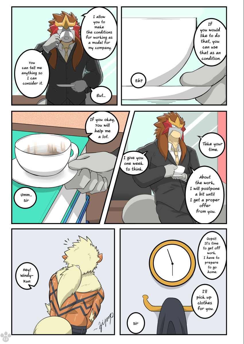 absurd_res age_difference anthro arcanine beverage boss_and_employee ceo_entei_(shinobiya) clock clothed clothes_hanger clothing coffee coffee_cup comic container cup desk document dressing_up drinking duo english_text entei furniture generation_1_pokemon generation_2_pokemon hair hi_res legendary_pokemon male necktie nintendo plate pokemon pokemon_(species) shinobiya suit table text tied_hair topless topwear vest windy_(shinobiya)