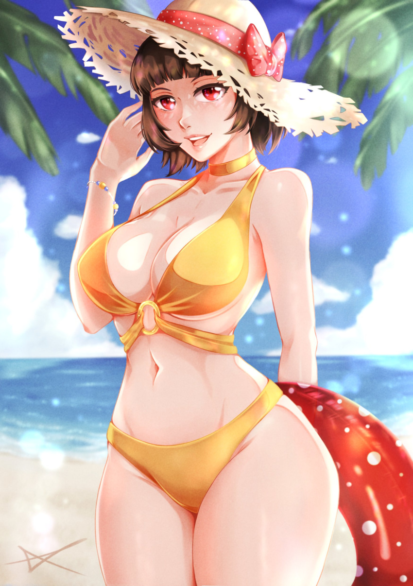 1girl absurdres arm_behind_head bare_shoulders beach bikini blue_sky blunt_bangs blurry blurry_background bow bracelet breasts brown_hair cleavage cloud cloudy_sky cowboy_shot day hat hat_bow hat_ribbon highres holding holding_swim_ring innertube jewelry large_breasts lens_flare looking_at_viewer navel neck_ribbon niijima_makoto o-ring o-ring_bikini o-ring_top ocean open_mouth outdoors palm_leaf palm_tree persona persona_5 polka_dot polka_dot_bow red_bow red_draws5 red_eyes ribbon sand short_hair sidelocks signature sky smile solo straw_hat swim_ring swimsuit thick_thighs thighs tree yellow_bikini