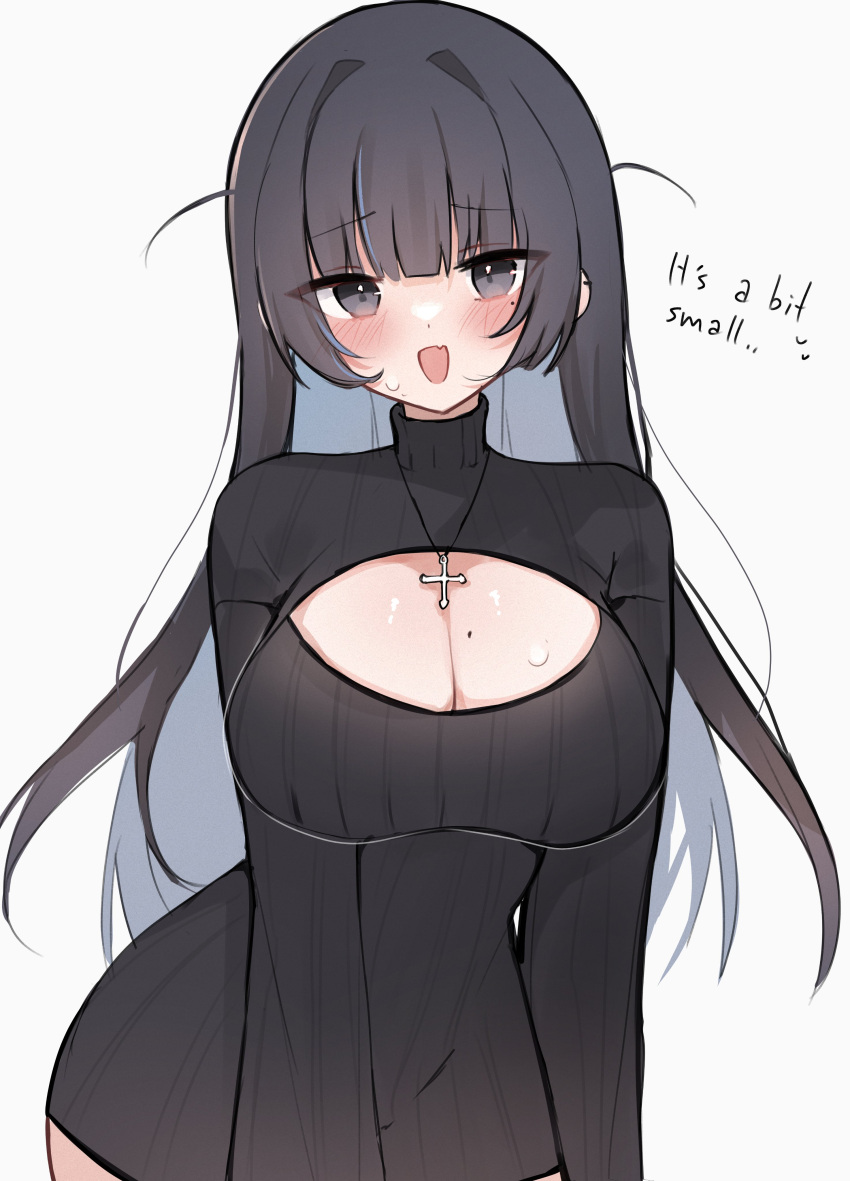 1girl absurdres black_eyes black_hair blunt_bangs blush breasts cleavage cleavage_cutout clothing_cutout commentary criss-cross_back-straps cross cross_necklace english_text highres impossible_clothes impossible_sweater jewelry long_hair looking_at_viewer looking_back meiwowowo meme_attire mole mole_on_breast narrow_waist necklace open-chest_sweater open_mouth original ribbed_sweater solo sweatdrop sweater turtleneck turtleneck_sweater two_side_up