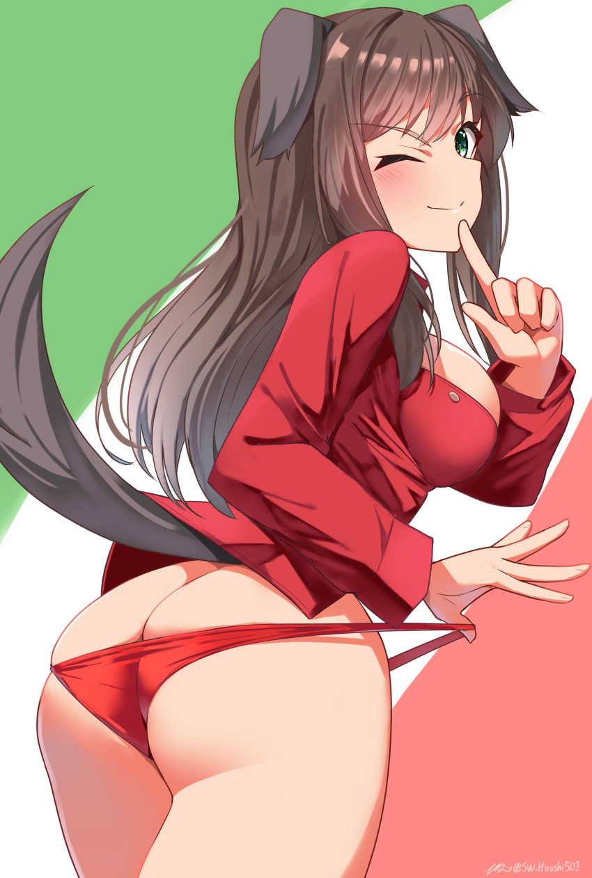 1girl absurdres animal_ears ass blush breasts brown_hair butt_crack dog_ears dog_tail federica_n._doglio finger_to_mouth green_eyes highres hiroshi_(hunter-of-kct) large_breasts long_hair looking_at_viewer looking_back one_eye_closed panties red_panties red_shirt shirt smile solo strike_witches tail underwear world_witches_series