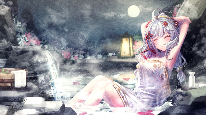 1girl armpits arms_behind_head arms_up blush breasts bucket closed_mouth commentary_request feet_out_of_frame flower fu_ji full_moon grey_hair hair_flower hair_ornament ittokyu lantern long_hair mahjong_soul medium_bangs medium_breasts moon night onsen pink_flower red_flower rock signature smile solo tokkuri tray water waterfall wooden_bucket