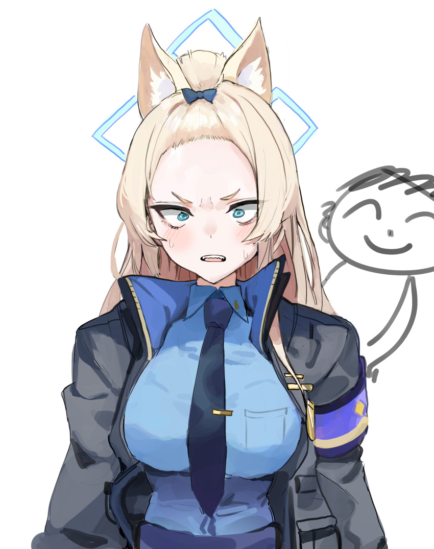 1boy 1girl absurdres alternate_hairstyle angry animal_ear_fluff animal_ears armband bangs_pinned_back blonde_hair blue_archive blue_armband blue_eyes blue_halo blue_necktie blue_shirt blush bow breasts commentary dog_ears doodle_sensei_(blue_archive) forehead ggab0621 hair_bow halo highres jacket kanna_(blue_archive) large_breasts long_hair necktie open_clothes open_jacket police police_badge police_uniform policewoman sensei_(blue_archive) sharp_teeth shirt simple_background symbol-only_commentary teeth tie_clip uniform white_background