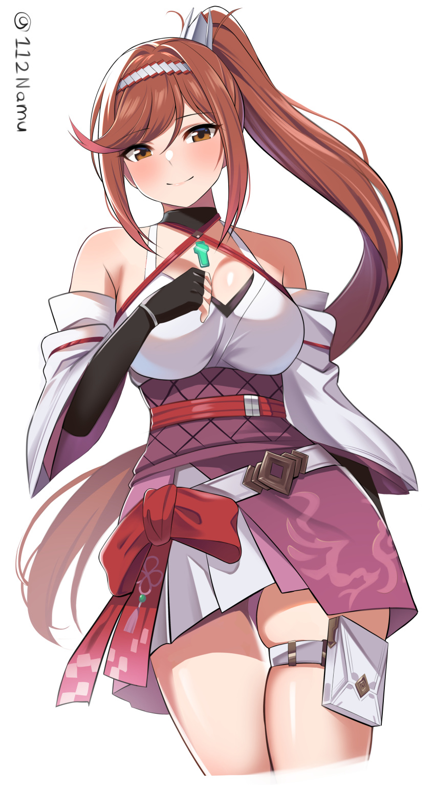 1girl absurdres breasts chest_jewel core_crystal_(xenoblade) criss-cross_halter dress glimmer_(xenoblade) hairband halterneck high_ponytail highres japanese_clothes kimono looking_at_viewer namu_(112namu) obi red_hair sash smile solo swept_bangs two-tone_hairband white_kimono xenoblade_chronicles_(series) xenoblade_chronicles_3 xenoblade_chronicles_3:_future_redeemed