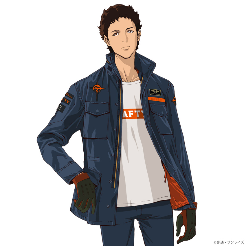 1boy black_gloves blue_jacket blue_pants brown_eyes brown_hair casual collared_jacket gloves gundam gundam_hathaway's_flash hathaway_noa highres jacket official_art open_clothes open_jacket pants shirt short_hair solo streetwear white_background white_shirt