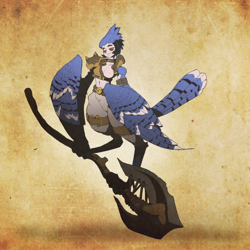 1girl armor axe bird_legs bird_tail blue_feathers blue_hair blue_tail blue_wings breasts colored_sclera commentary digitigrade douglas_harvey feathered_wings feathers hair_slicked_back harpy highres holding holding_axe holding_polearm holding_weapon holding_with_feet medium_breasts monster_girl navel one_breast_out original parted_lips pauldrons polearm red_eyes red_sclera short_hair shoulder_armor single_pauldron solo spiked_pauldrons tail thigh_strap weapon winged_arms wings