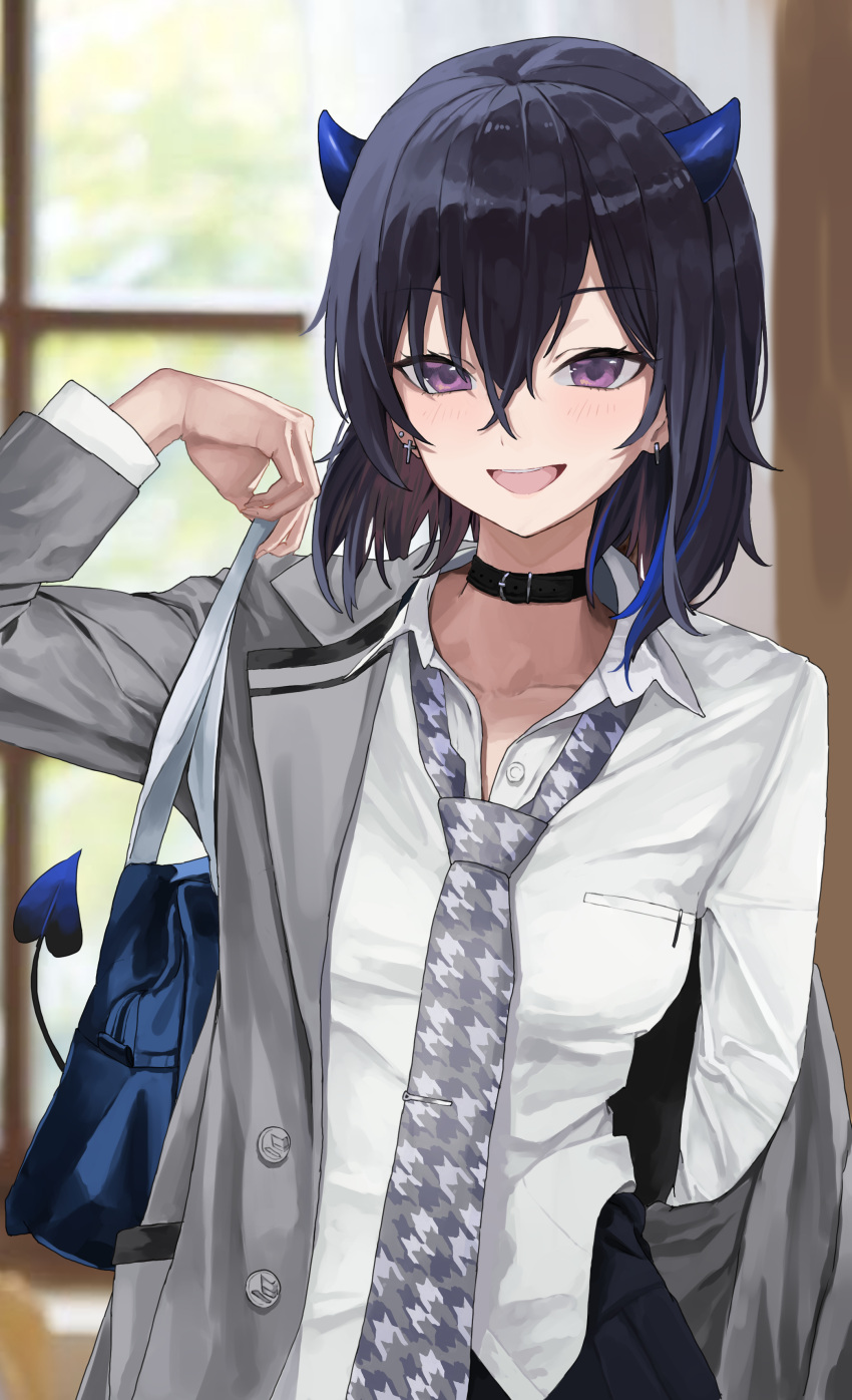 1girl absurdres art_mu bag black_hair blazer blue_hair blush demon_girl demon_horns demon_tail dress_shirt earrings green_jacket grey_necktie hair_between_eyes highres horns ichinose_uruha indoors jacket jewelry looking_at_viewer loose_necktie medium_hair necktie open_mouth purple_eyes school_bag school_uniform shirt solo tail virtual_youtuber vspo! white_shirt