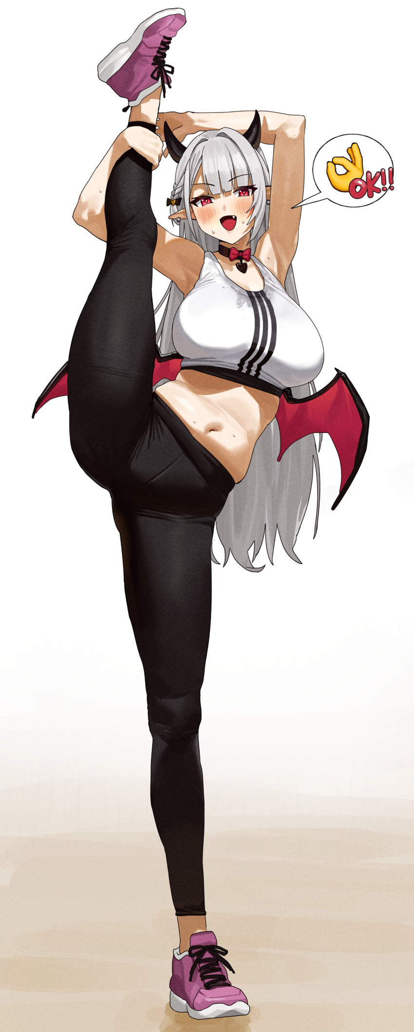 1girl absurdres armpits braid breasts choker commission crop_top demon_girl demon_wings earrings fang feipin_zhanshi full_body grey_hair highres jewelry large_breasts looking_at_viewer midriff navel open_mouth original pants plump red_eyes shoes smile sneakers solo split standing standing_on_one_leg standing_split stomach sweat wings yoga_pants