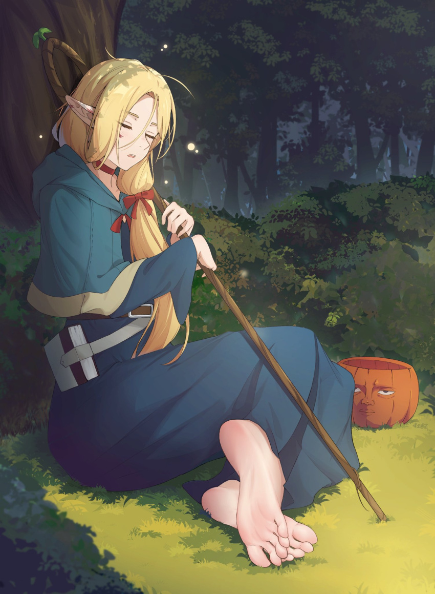 1girl barefoot blonde_hair blue_robe closed_eyes dungeon_meshi duplicate feet forest highres holding holding_staff long_hair mage_staff marcille_donato messy_hair nature open_mouth pointy_ears robe shijinconghua sleeping soles staff teeth toes upper_teeth_only