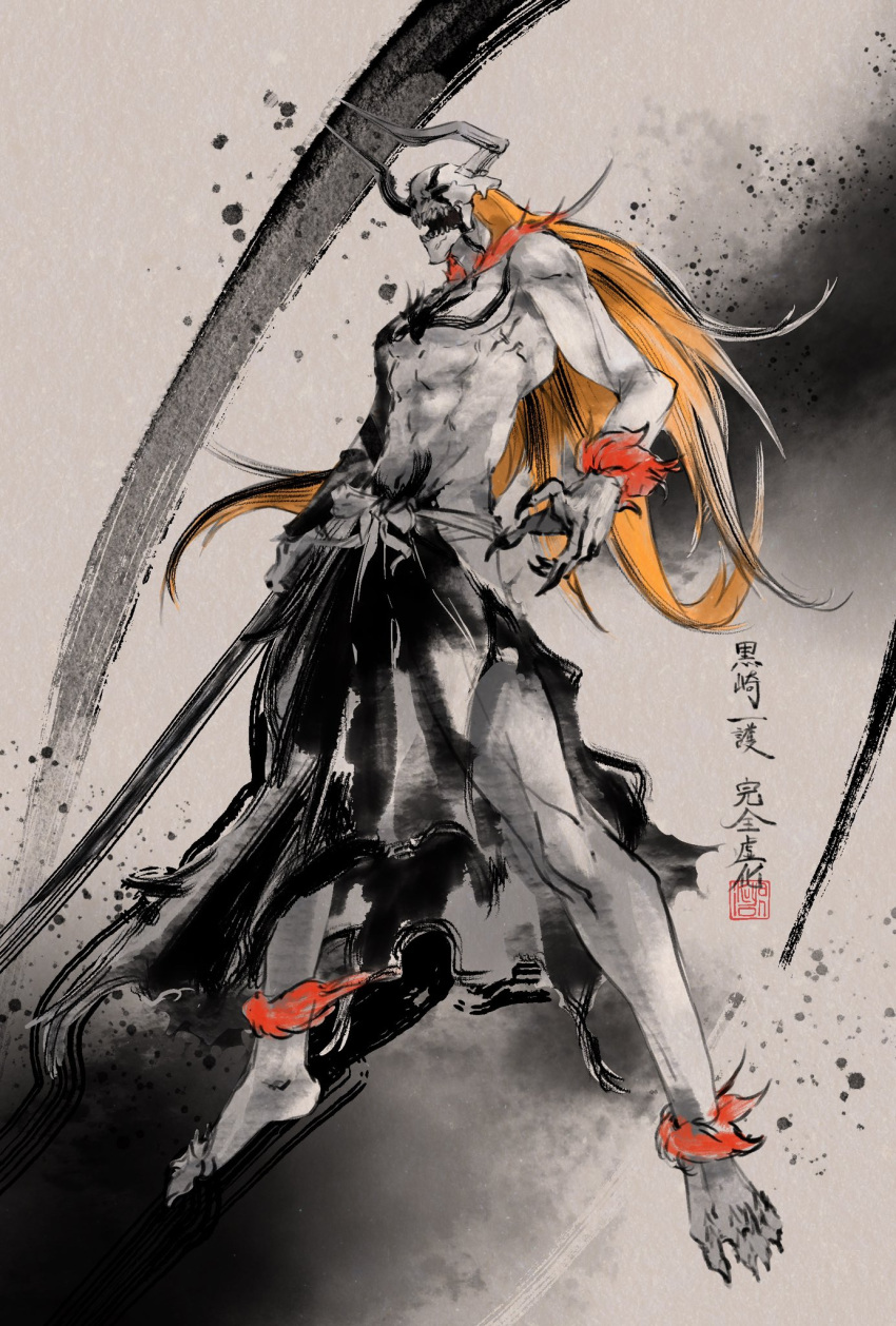 1boy abs barefoot black_kimono bleach chest_markings claws colored_skin commentary demon_boy demon_horns empty_eyes floating_hair full_body grey_background highres hole_on_body hollow_ichigo horns ikuyoan japanese_clothes kimono kurosaki_ichigo long_hair open_mouth orange_hair simple_background solo standing teeth torn_clothes torn_kimono translation_request very_long_hair white_skin