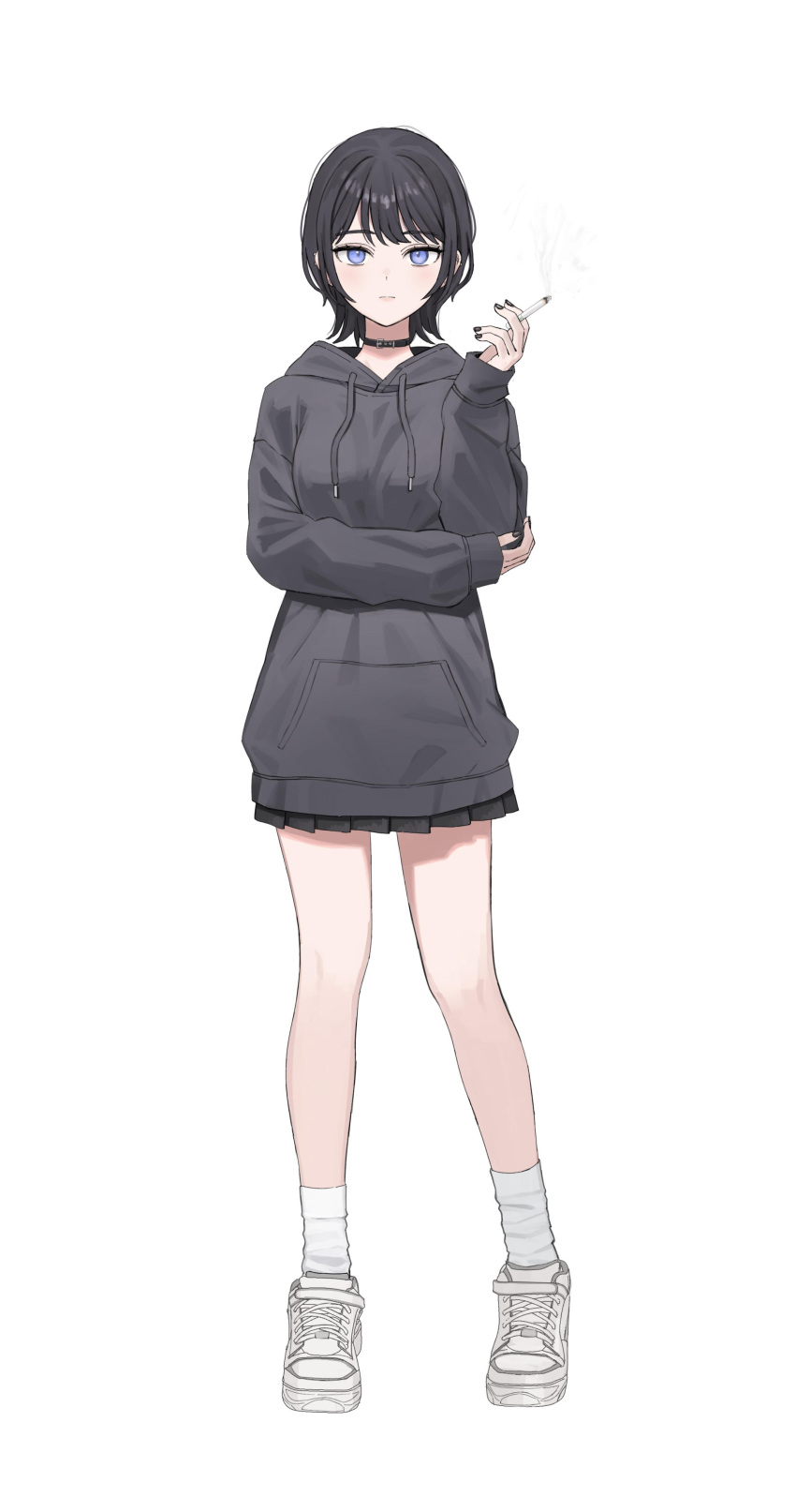 1girl absurdres black_hair black_nails black_skirt blue_eyes blush choker cigarette ear_piercing expressionless full_body grey_hoodie highres holding holding_cigarette hood hoodie looking_at_viewer miniskirt non-web_source original piercing pleated_skirt shoes short_hair simple_background skirt sneakers socks solo sutochan tachi-e white_background white_socks