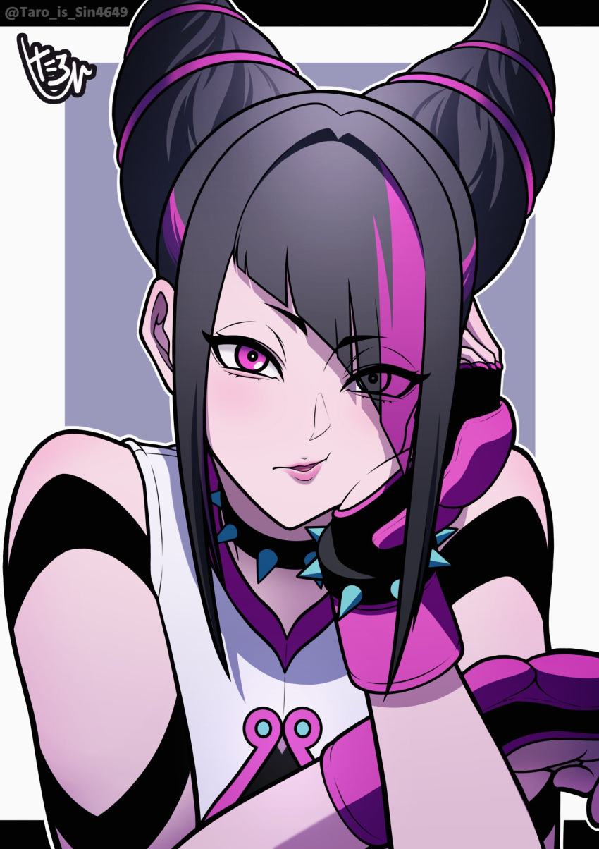 1girl arm_tattoo bracelet collar fingerless_gloves gloves hair_horns han_juri highres jewelry looking_at_viewer multicolored_hair simple_background spiked_bracelet spiked_collar spikes street_fighter street_fighter_6 taro_shin tattoo