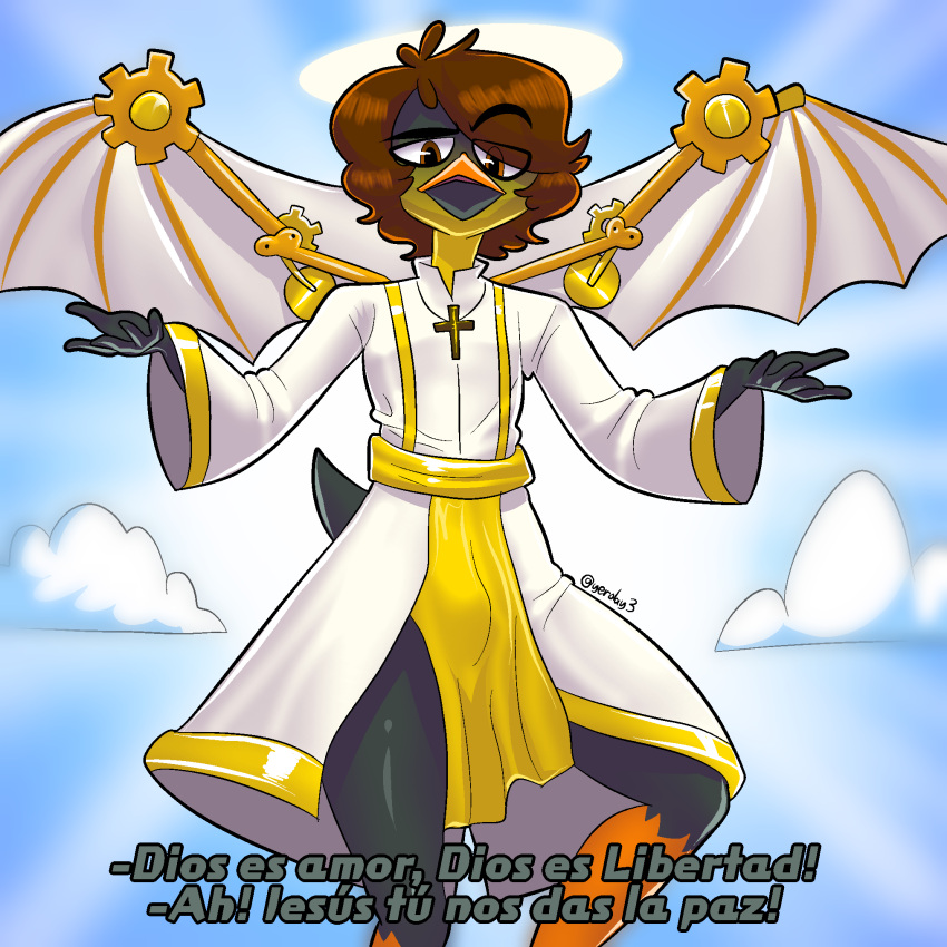 alternative_fashion angel anthro avian bird clothing cloud cross heaven heavenly_light hi_res lyrics male mechanic penguin shirt sky solo spanish_text steampunk text topwear tunic wings yerolay yerolay_(character)