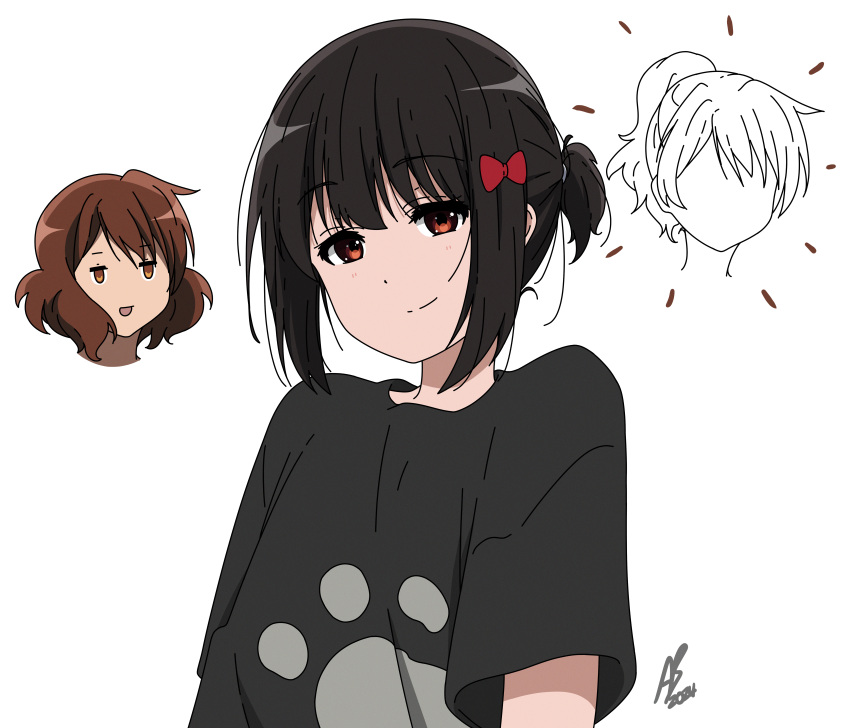 2girls absurdres animebrit black_hair black_shirt brown_eyes brown_hair fluffy_hair hibike!_euphonium highres hisaishi_kanade multiple_girls oumae_kumiko ponytail red_eyes shirt short_hair smile