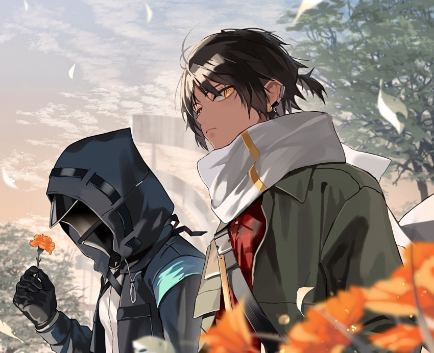 1boy 1other alternate_costume arknights black_gloves black_hair black_jacket blurry blurry_foreground building commentary dark-skinned_male dark_skin doctor_(arknights) earclip flower flower_request frown gloves gradient_sky green_jacket highres hishoti_cheese holding holding_flower hood hooded_jacket jacket leaf looking_at_viewer looking_down mask navel orange_flower outdoors red_shirt scarf shirt short_ponytail sky thorns_(arknights) tree upper_body white_scarf white_shirt yellow_eyes