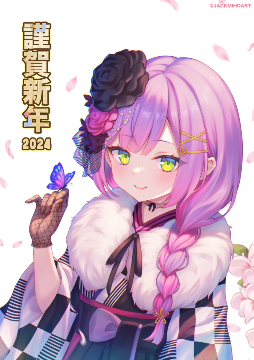 1girl black_choker black_flower black_gloves black_hakama black_rose black_skirt blunt_bangs braid bug butterfly butterfly_on_hand checkered_clothes checkered_kimono cherry_blossoms choker commentary falling_petals fishnet_gloves fishnets flower fur_scarf gloves green_eyes hair_flower hair_ornament hair_over_shoulder hairclip hakama hakama_skirt hand_up highres hololive jackmiho japanese_clothes kimono lace lace_choker long_hair long_sleeves looking_at_viewer official_alternate_costume official_alternate_hairstyle petals purple_hair rose side_braid simple_background skirt smile solo swept_bangs tokoyami_towa tokoyami_towa_(new_year) upper_body veil virtual_youtuber white_background wide_sleeves x_hair_ornament