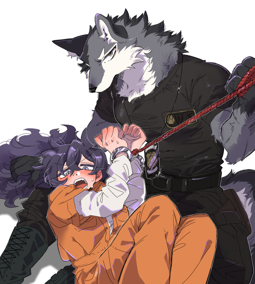 1boy 1girl animal_ears arms_up black_pants black_shirt blush body_fur boots bound bound_wrists cuffs dog_tags feet_out_of_frame furry furry_male green_eyes grey_eyes grey_fur hand_up handcuffs highres holding holding_rope jumpsuit long_hair long_sleeves looking_at_viewer open_mouth orange_jumpsuit original pants police police_uniform prison_clothes purple_hair rata_(norahasu) rope shirt short_sleeves simple_background sitting t-shirt tail tied_up_(nonsexual) uniform white_background white_fur wolf_boy wolf_ears wolf_tail