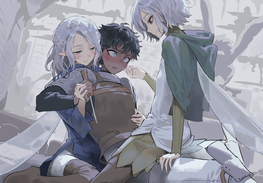 2boys androgynous black_eyes black_hair blue_eyes blush character_request dark-skinned_male dark_skin dungeon_meshi elf highres kabru knife mara_universe multiple_boys naughty_face open_mouth pointy_ears short_hair smile white_hair