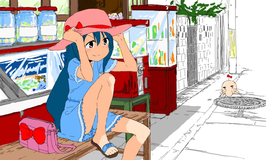 1girl aoyama_kotoha_(mitsuboshi_colors) bag blue_dress blue_hair blush cameo candy_jar closed_mouth cooler creature doseisan dress foot_out_of_frame gumball_machine handbag hat holding holding_clothes holding_hat knee_up long_hair looking_ahead manhole mitsuboshi_colors mother_(game) outdoors pink_hat sandals shade short_dress short_sleeves smile solo storefront sun_hat utility_pole v-shaped_eyebrows yamamoto_yuusuke_(animator) yellow_eyes