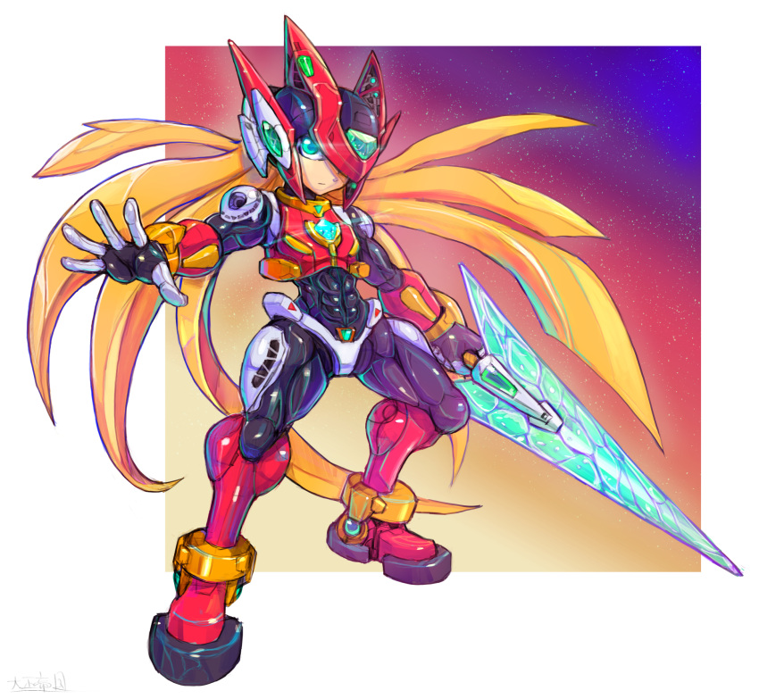 1boy abs adapted_costume armor blonde_hair blue_eyes boots chest_jewel energy_sword forehead_jewel full_body glint glowing glowing_eyes gradient_background highres holding holding_sword holding_weapon long_hair mega_man_(series) mega_man_zero_(series) oomasa_teikoku outstretched_arm red_armor red_footwear red_helmet solo star_(sky) sword weapon z_saber zero(z)_(mega_man) zero_(mega_man)