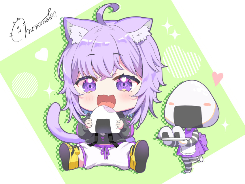 1girl ahoge animal_ears baggy_pants black_hoodie blush cat_ears cat_girl cat_tail chestnut_mouth chibi chibi_only commentary_request crossed_bangs eating food hair_between_eyes highres hololive hood hoodie long_sleeves messy_hair momone_cco nekomata_okayu nekomata_okayu_(1st_costume) onigiri onigirya_(nekomata_okayu) open_mouth pants purple_eyes purple_hair shoes short_hair sitting sneakers solo_focus sweatpants tail virtual_youtuber white_pants yellow_footwear