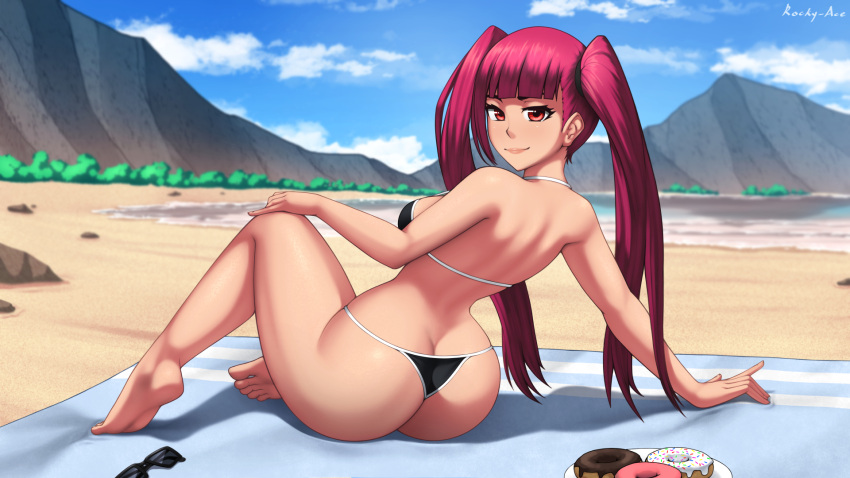 1girl arm_support artist_name ass back bare_legs barefoot beach bikini black_bikini blanket bleach blue_sky blunt_bangs breasts closed_mouth commentary curvy day dokugamine_riruka doughnut english_commentary eyebrows_hidden_by_hair eyelashes feet food from_behind full_body halterneck hand_on_own_knee highres index_finger_raised knee_up lips long_hair looking_at_viewer looking_back medium_breasts mountainous_horizon ocean outdoors paid_reward_available red_eyes red_hair rocky-ace single_sidelock sitting sky smile soles solo split_mouth straight_hair swimsuit thighs tiptoes toes twintails very_long_hair