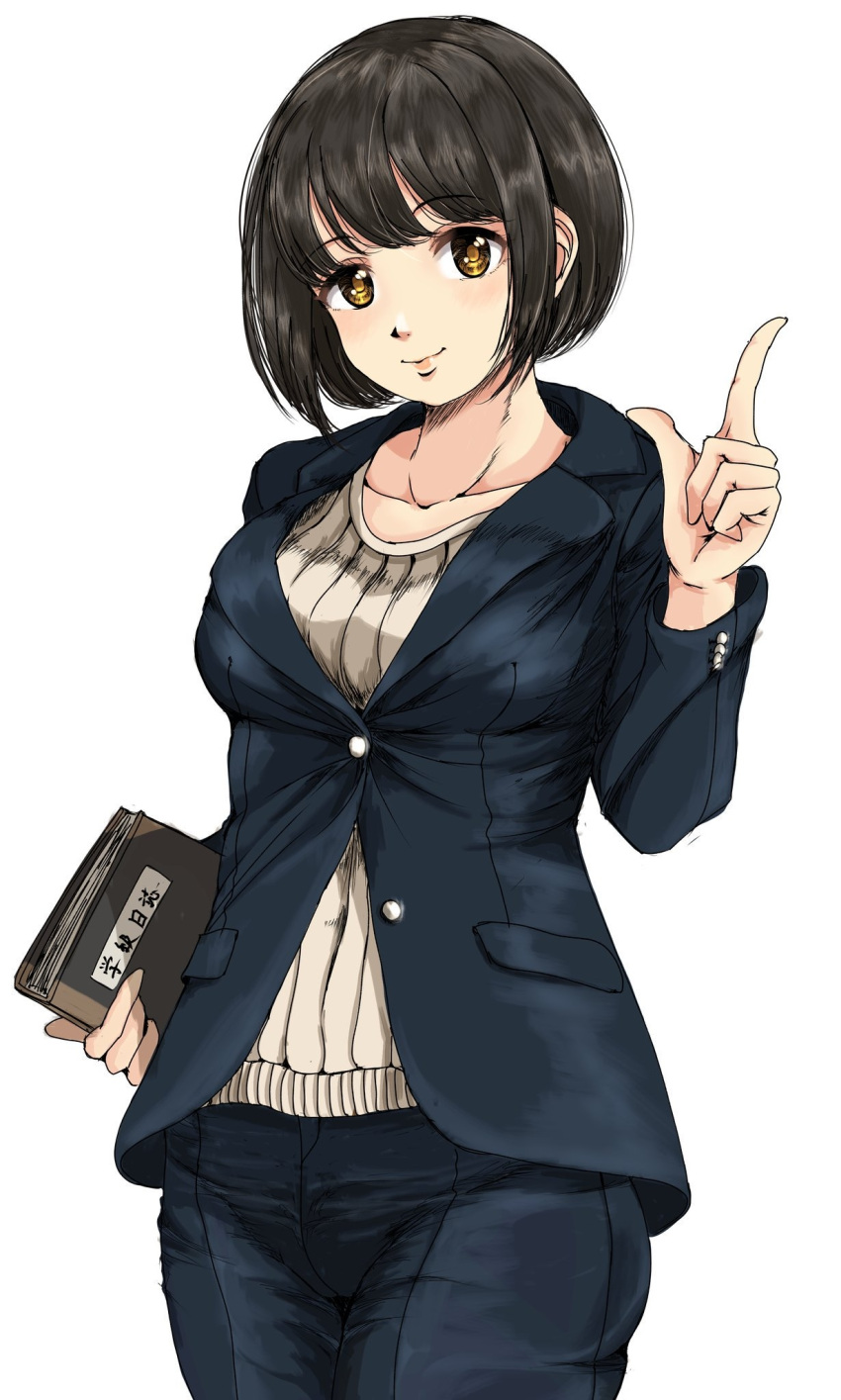 1girl black_hair blue_jacket blue_pants blush book breasts closed_mouth collarbone cowboy_shot gatsby_ssl hand_up highres holding holding_book idolmaster idolmaster_cinderella_girls idolmaster_cinderella_girls_starlight_stage index_finger_raised jacket large_breasts long_sleeves looking_at_viewer pants shirt short_hair simple_background smile solo standing takafuji_kako white_background white_shirt yellow_eyes