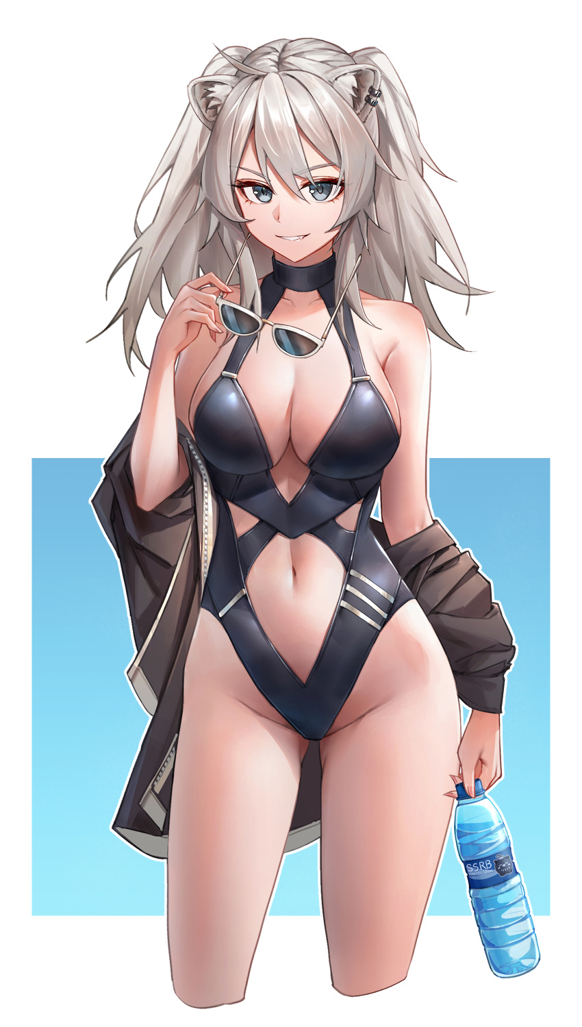 1girl absurdres alternate_costume animal_ear_piercing animal_ears black_one-piece_swimsuit bottle breasts brown_jacket cleavage clothing_cutout double-parted_bangs grey_eyes grey_hair hair_between_eyes halterneck highleg highleg_swimsuit highres holding holding_bottle holding_removed_eyewear hololive jacket large_breasts lion_ears lion_girl long_hair looking_at_viewer messy_hair nathon navel_cutout off_shoulder one-piece_swimsuit shishiro_botan sidelocks simple_background smile solo swimsuit tinted_eyewear two_side_up unworn_eyewear v-shaped_eyebrows virtual_youtuber water_bottle