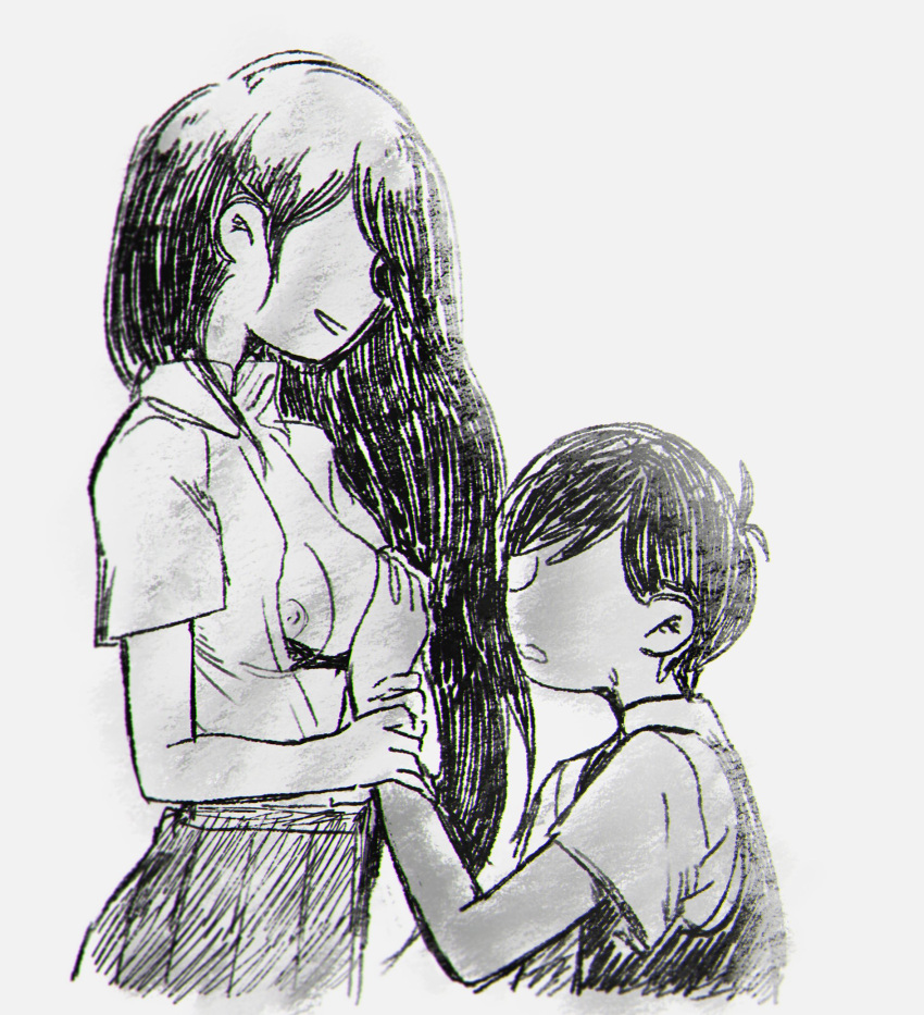 1boy 1girl age_difference black_bra black_hair black_sweater_vest black_vest bra bra_pull brother_and_sister clothes_pull collared_shirt grabbing grabbing_another's_arm grabbing_another's_breast greyscale guided_breast_grab guiding_hand highres incest kokomi_(aniesuakkaman) long_hair mari_(omori) monochrome nipples no_eyes omori onee-shota open_clothes open_mouth open_shirt shirt short_hair short_sleeves siblings skirt smile sunny_(omori) sweatdrop sweater_vest underwear vest white_shirt