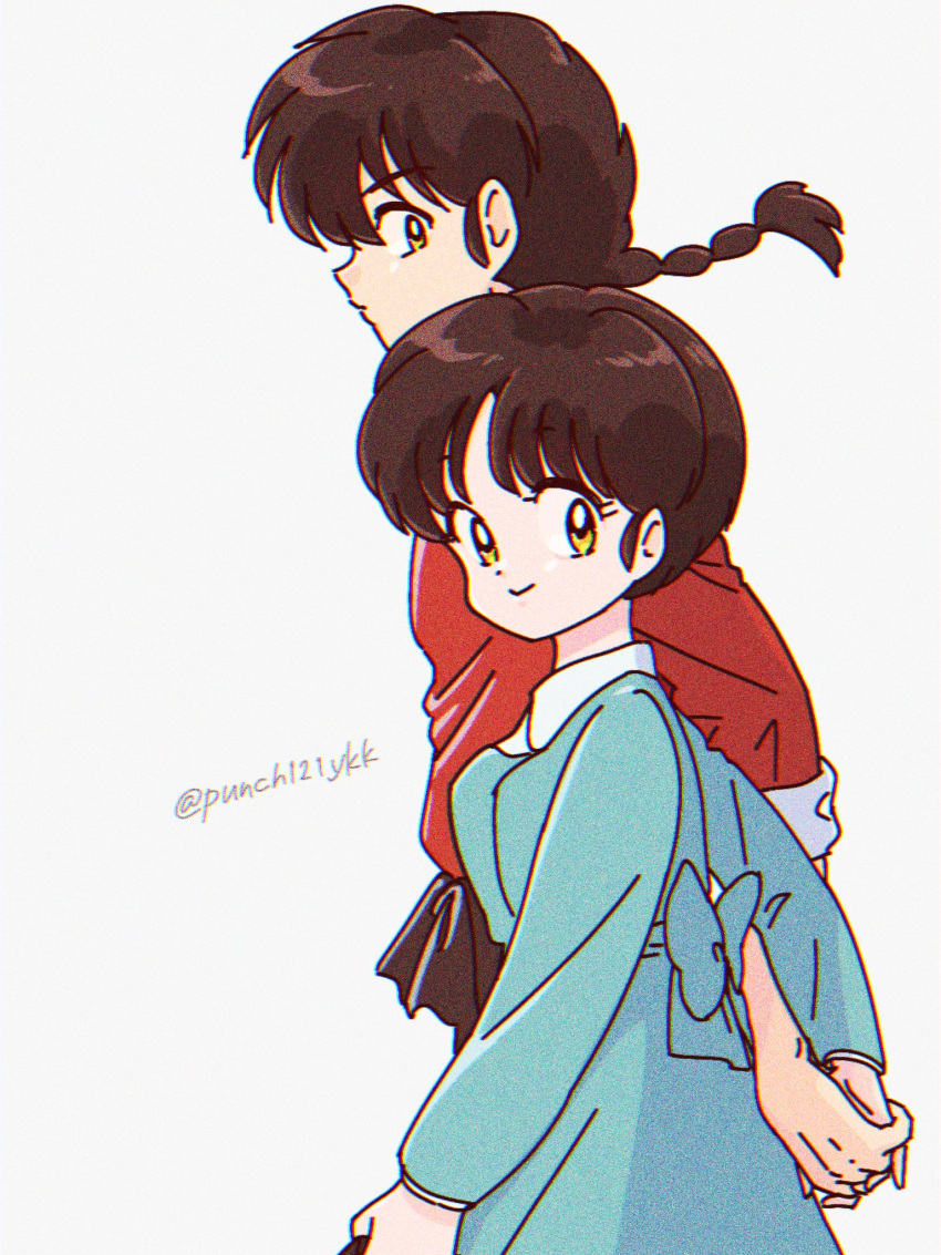 1boy 1girl blue_hair couple fuurinkan_high_school_uniform golden_eyes happy hetero highres punch121ykk ranma_1/2 saotome_ranma school_uniform short_hair smile tendou_akane