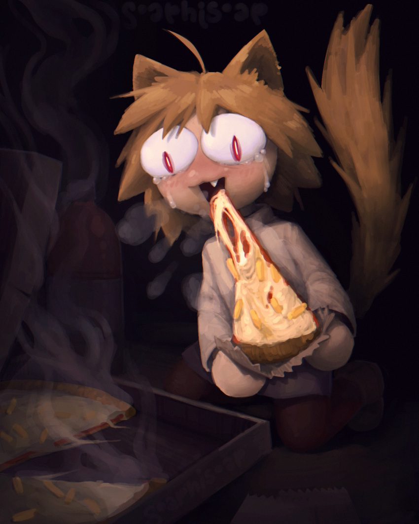 black_background bodily_fluids clothed clothing container crying domestic_cat eating felid feline felis female food hi_res inspired_by_formal_art kneeling mammal neco-arc open_mouth pizza pizza_box saturn_devouring_his_son simple_background soaphisoap solo steam tears tsukihime type-moon