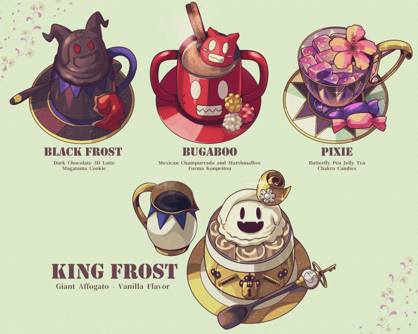 :d absurdres black_frost candy character_name cup drink duckpasta flower food glint highres king_frost lock mug no_humans shin_megami_tensei simple_background smile spoon teacup wrapped_candy