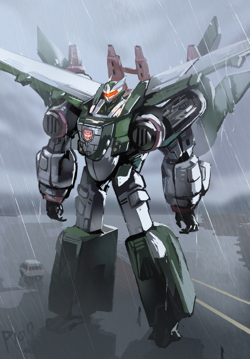 assault_visor autobot glowing highres jetfire mecha mecha_focus no_humans prog_ares rain robot science_fiction solo standing transformers transformers_cybertron