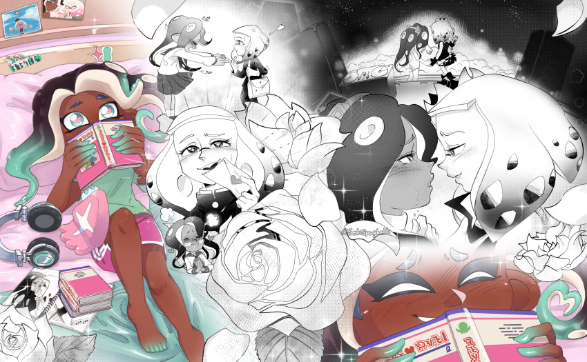 2girls absurdres bag barefoot bed bedroom blush book closed_eyes confession crossdressing dark-skinned_female dark_skin english_commentary eye_contact flower gakuran green_eyes headphones heart highres holding holding_book holding_hands imagining indoors interlocked_fingers interracial looking_at_another love_letter lying marina_(splatoon) monochrome multiple_girls night night_sky on_back on_bed own_hands_together pearl_(splatoon) photo_(object) pointing pointing_at_self school_bag school_uniform serafuku setispaghetti shirt shorts skirt sky smile sparkle speaker splatoon_(series) star_(sky) starry_sky swimsuit t-shirt tentacle_hair toes turntable yuri