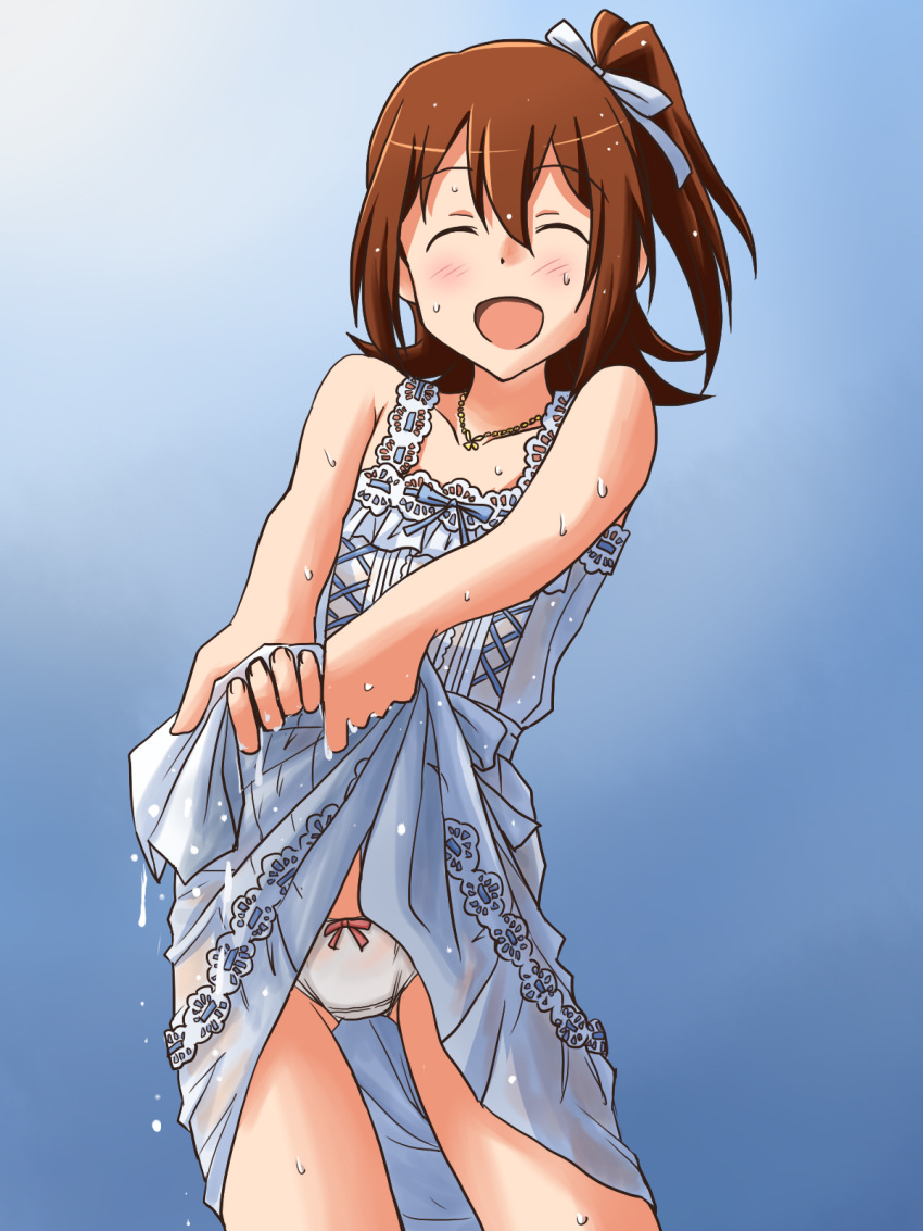 1girl :d blue_background blue_dress blue_ribbon bow bow_panties brown_hair closed_eyes clothes_lift commentary cowboy_shot crotch_seam dress dress_lift facing_viewer hair_ribbon highres idolmaster idolmaster_million_live! jewelry kasuga_mirai lielos lifted_by_self medium_hair necklace one_side_up open_mouth panties ribbon see-through short_dress smile solo standing underwear wet wet_clothes wet_dress white_panties wringing_clothes