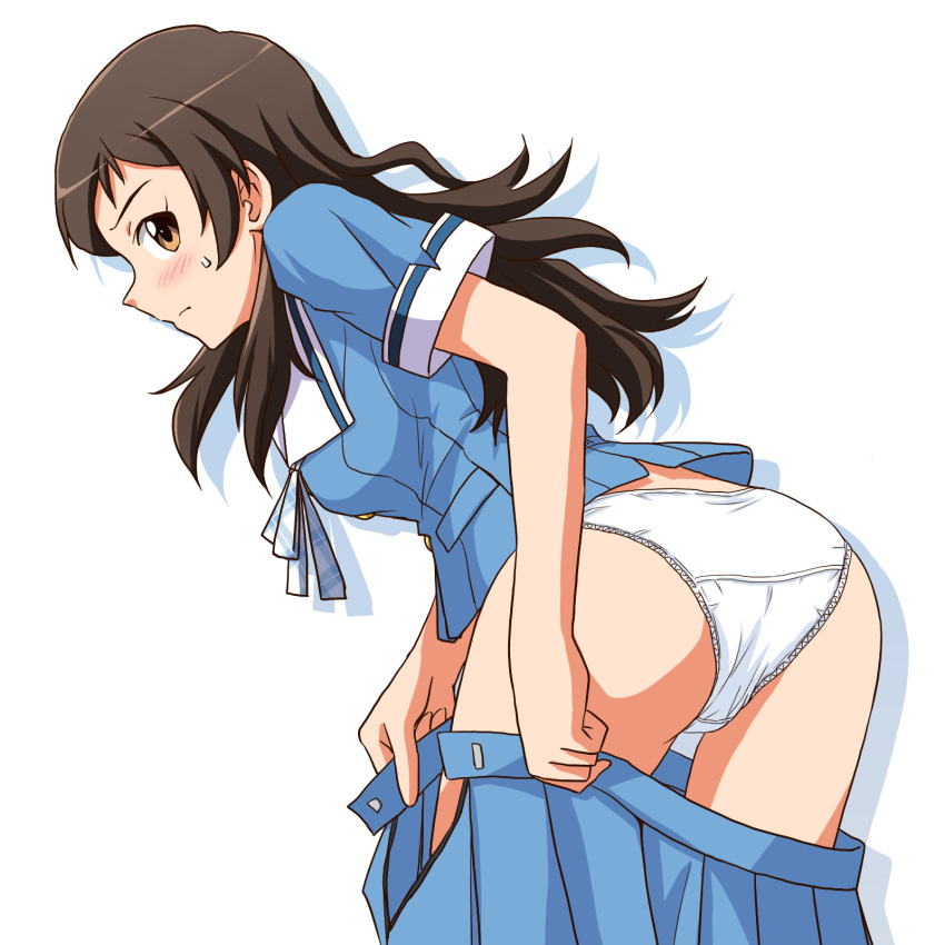 1girl ass blouse blue_ribbon blue_shirt blue_skirt blush brown_eyes brown_hair closed_mouth clothes_pull commentary cowboy_shot crotch_seam dressing frown highres idolmaster idolmaster_million_live! kitazawa_shiho leaning_forward lielos long_hair looking_at_viewer looking_back neck_ribbon open_clothes open_skirt panties pulled_by_self ribbon school_uniform shadow shirt short_sleeves simple_background skirt skirt_pull solo standing summer_uniform_series_(idolmaster) underwear white_background white_panties