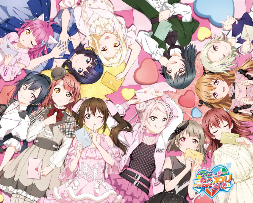 6+girls ahoge asaka_karin black_hair blonde_hair blue_eyes blue_hair blunt_bangs blush bob_cut bow braid breasts brown_hair closed_eyes emma_verde grey_eyes grey_hair hair_between_eyes hair_bun hair_ornament half_updo highres konoe_kanata letter light_brown_hair long_hair looking_at_viewer love_live! love_live!_nijigasaki_high_school_idol_club medium_breasts medium_hair mia_taylor mifune_shioriko miyashita_ai mole multiple_girls nakasu_kasumi official_alternate_costume official_art one_side_up open_mouth orange_eyes orange_hair osaka_shizuku pink_hair ponytail purple_eyes red_eyes ribbon short_hair sidelocks single_side_bun skirt smile tennoji_rina uehara_ayumu wavy_hair yellow_eyes yuki_setsuna_(love_live!) zhong_lanzhu