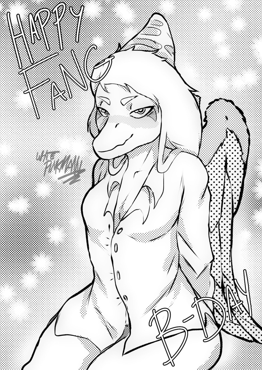 2024 anthro artist_name black_and_white clothing dinosaur dress_shirt english_text fang_(gvh) feathered_wings feathers female goodbye_volcano_high hair hi_res long_hair looking_at_viewer monochrome pterodactylus pterosaur reptile scalie shirt signature sitting sketch smile snout solo text topwear whit3pinkmann wings