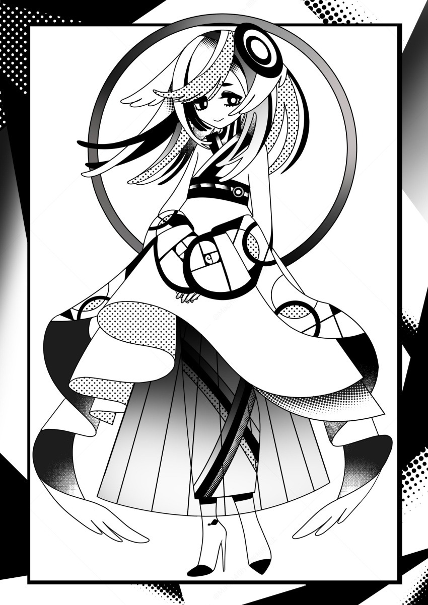 1girl boots border closed_mouth commentary dress floating_hair full_body golden_spiral greyscale hair_ornament halftone high_heel_boots high_heels highres long_hair long_sleeves looking_at_viewer machigami_yoh monochrome multicolored_hair original own_hands_together print_dress screentones smile solo standing stiletto_heels