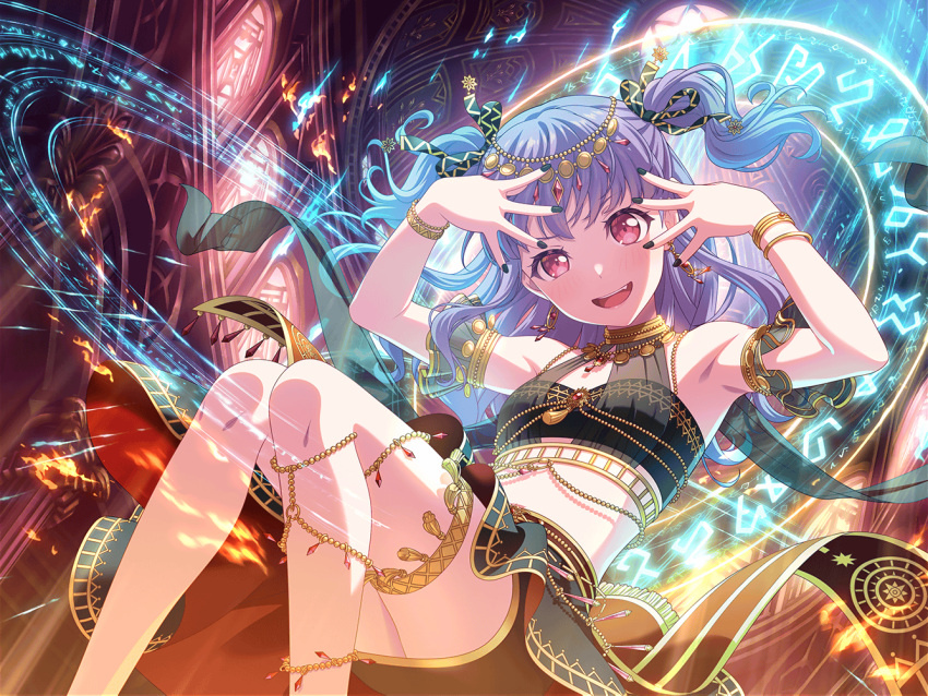 1girl alternate_hairstyle arabian_clothes armpits bang_dream! black_nails black_skirt blush bracelet breasts crop_top fang feet_out_of_frame fire floating_hair hair_ornament jewelry long_hair looking_at_viewer magic magic_circle midriff nail_polish official_art open_mouth purple_hair red_eyes skirt small_breasts smile solo teeth thigh_strap thighlet third-party_source two_side_up udagawa_ako upper_teeth_only