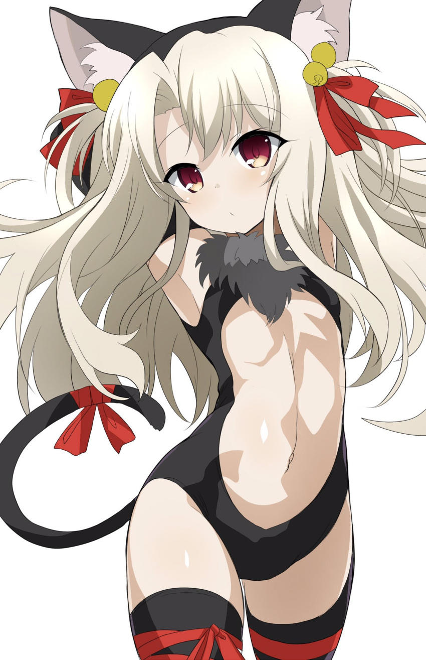 1girl animal_ear_fluff animal_ears armpits arms_behind_head arms_up bare_shoulders bell black_gloves black_leotard black_thighhighs blush breasts cat_ears cat_tail center_opening elbow_gloves fake_animal_ears fate/kaleid_liner_prisma_illya fate_(series) fur_collar gloves hair_ribbon highres illyasviel_von_einzbern illyasviel_von_einzbern_(beast_style) jingle_bell leotard long_hair looking_at_viewer navel red_eyes ribbon shimejinameko sidelocks small_breasts solo tail thighhighs thighs white_hair